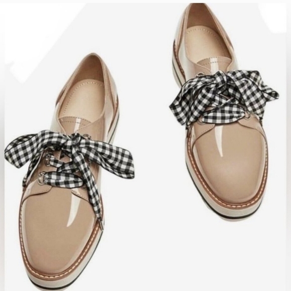 ZARA Patent Lace Up Beige Tan Lug Chunky Sole Shoes Loafers Gingham Laces 40 9 - Picture 3 of 7